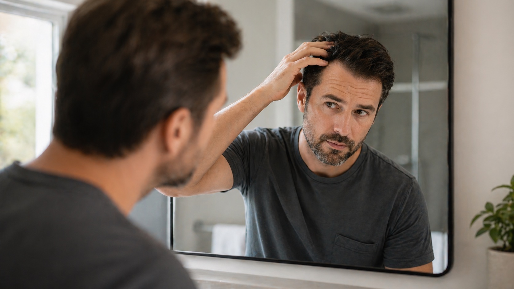 Man checking his hairline in a mirror