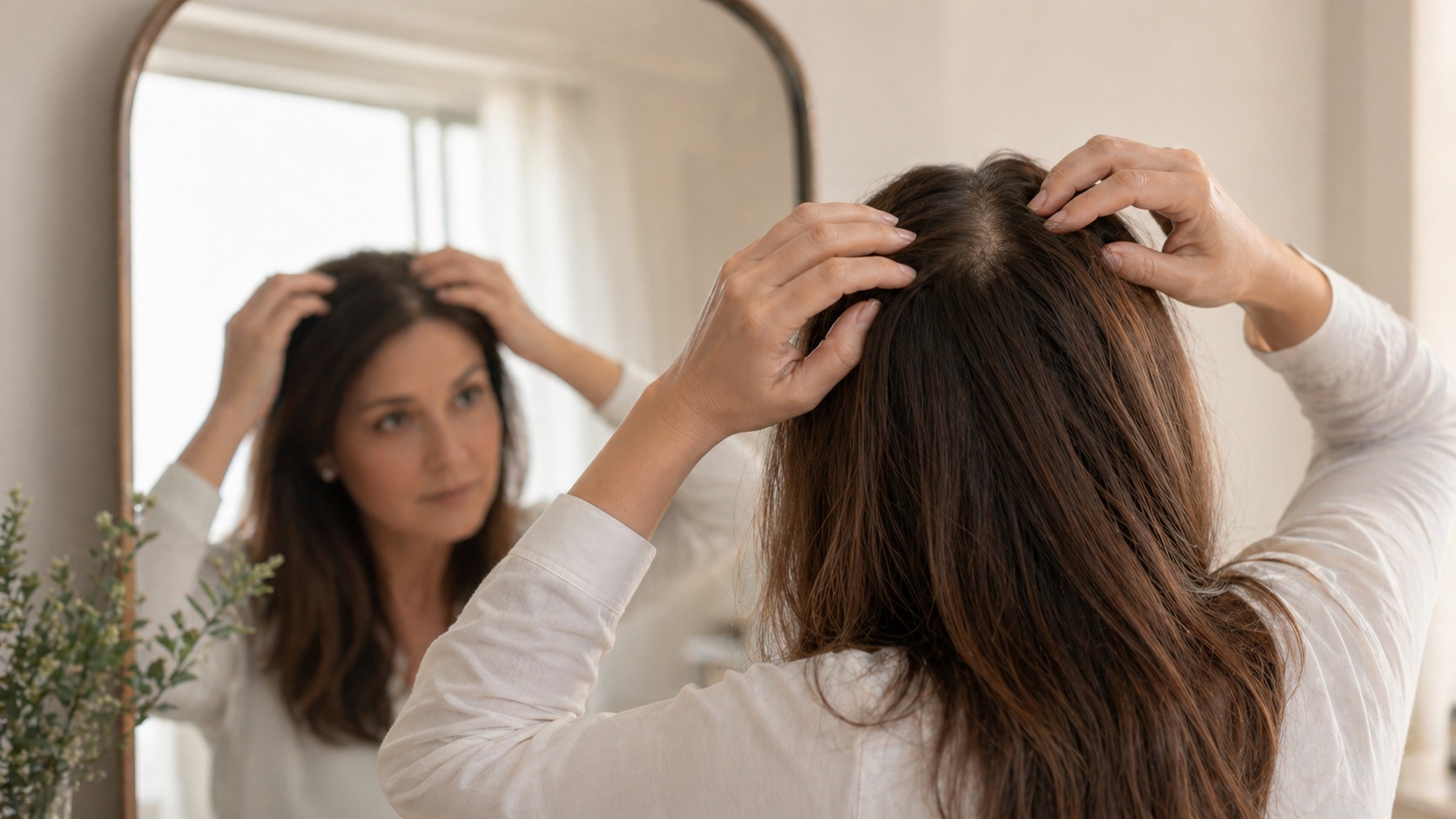 Woman checking her part line in a mirror