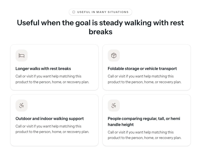 Product page screenshot showing common use cases for a rollator.