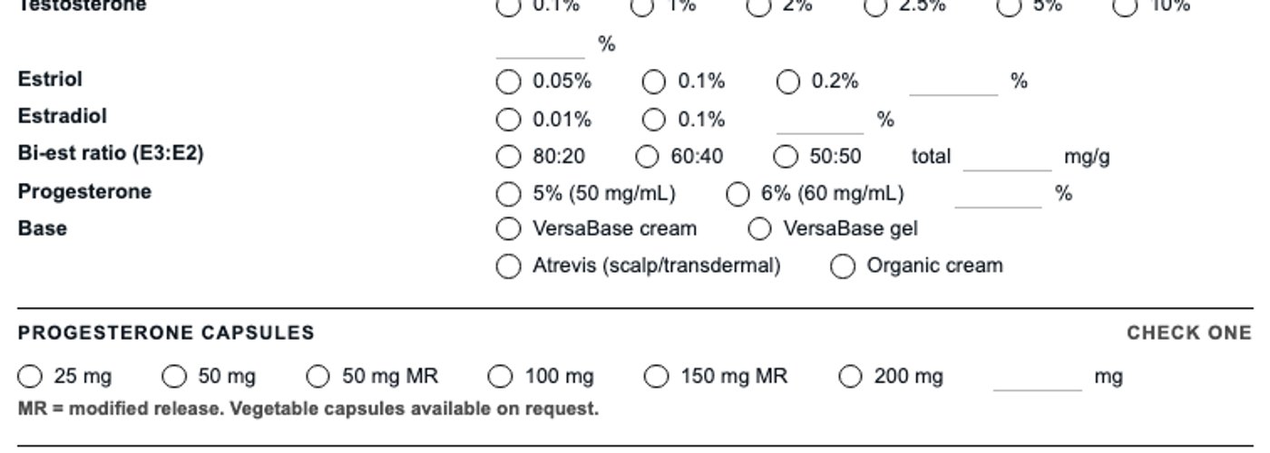Strength and base options on the bioidentical hormone preparations template