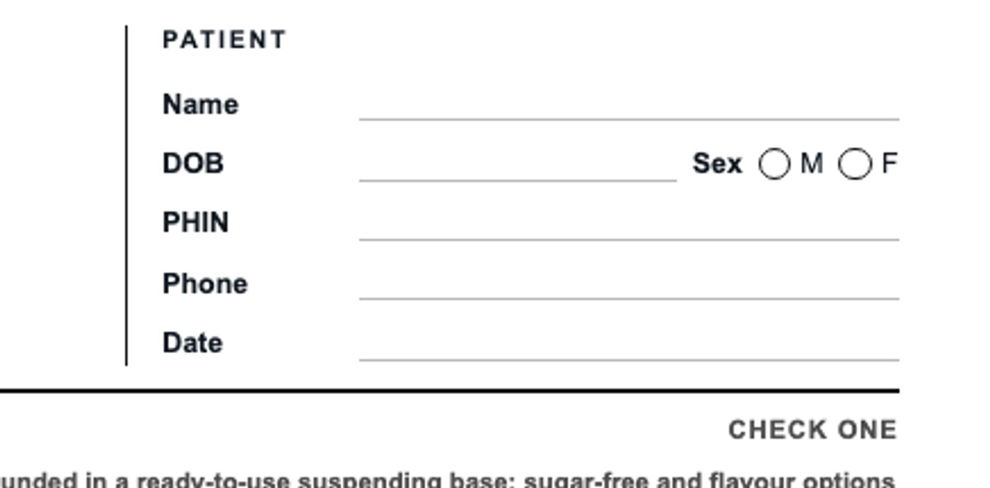 Patient information block on a prescription template with name, DOB, sex, PHIN, and phone fields