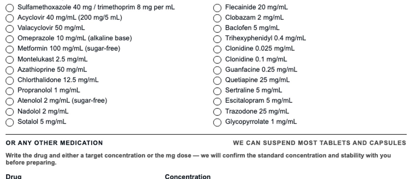 Checkbox list of standard compounded suspension concentrations on the oral suspensions template