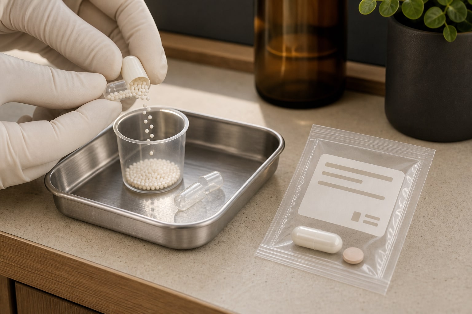 Opened capsule beads being transferred into a small pharmacy cup