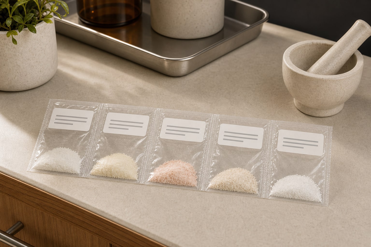 Sealed crush packs arranged on a pharmacy counter