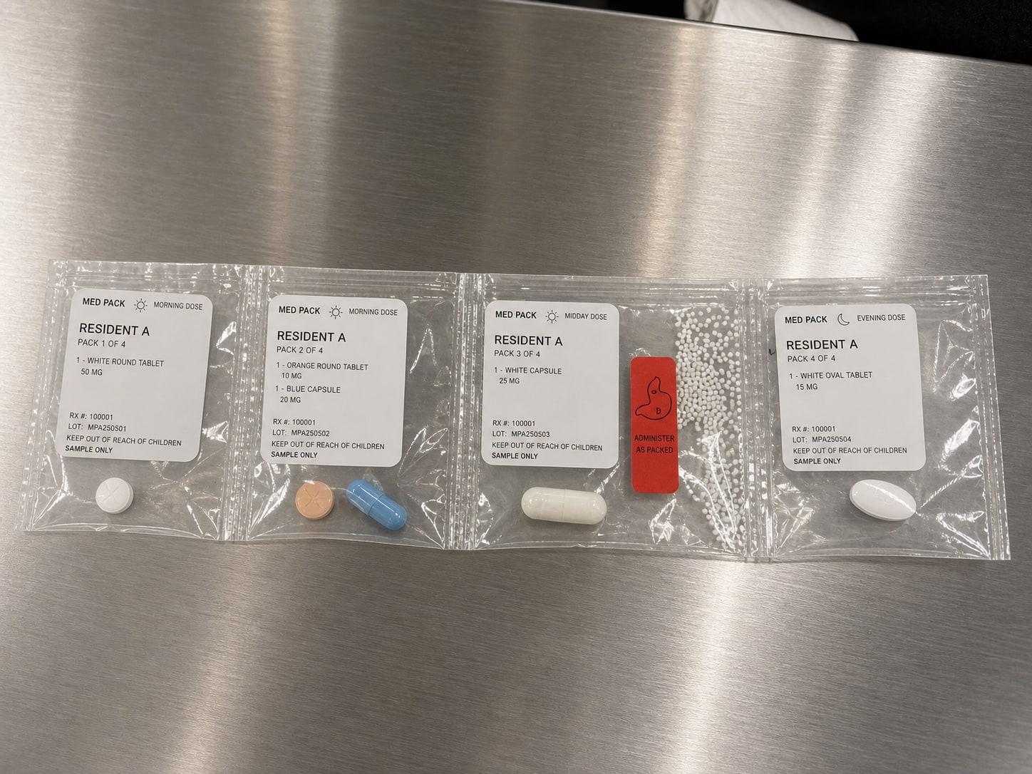 Sample prepared medication doses on a stainless pharmacy counter