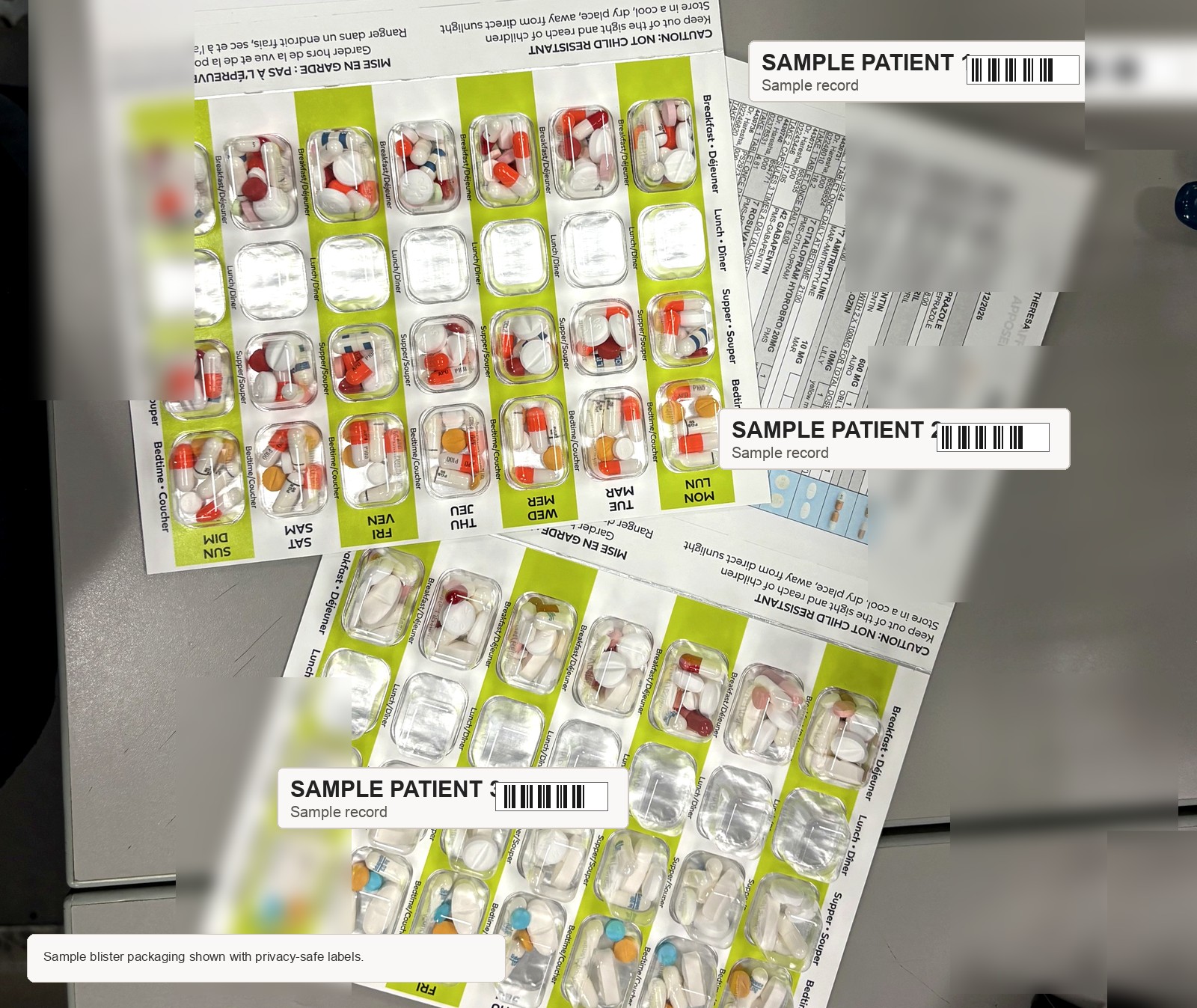 Sample pharmacy-prepared blister packaging with colour medication printouts